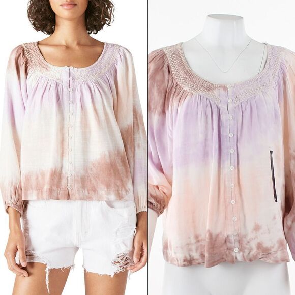 Lucky Brand Embroidered Tie-Dyed Peasant T Lilac Multi - Picture 1 of 5